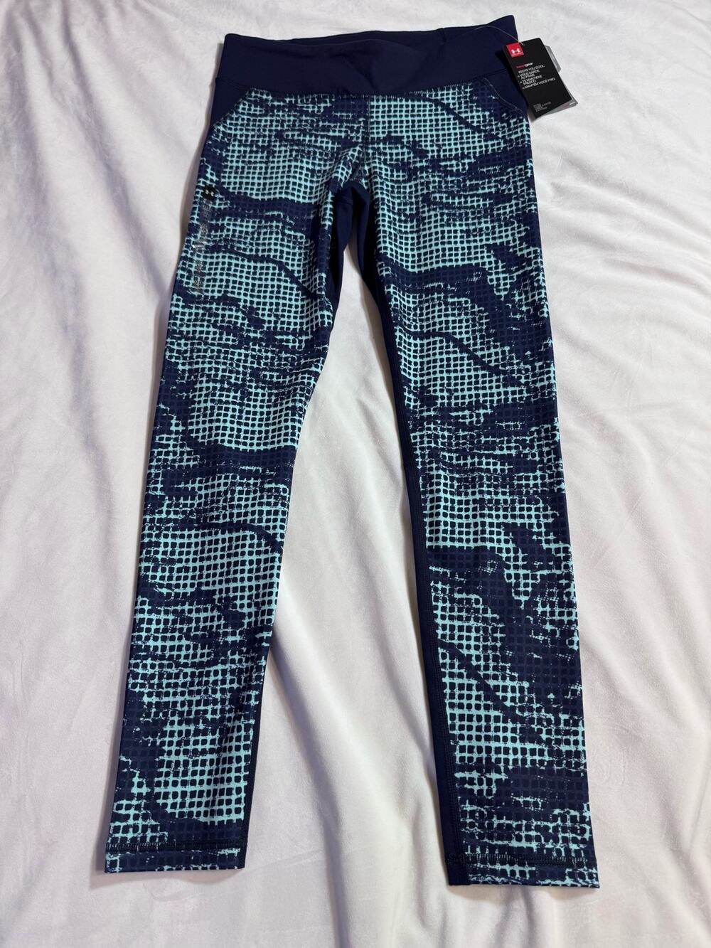 Under Armour Women's ColdGear Printed Leggings Navy Blue Green Size Medium NWT